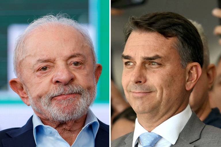 Lula e Flávio Bolsonaro em montagem sobre a Pesquisa Quaest